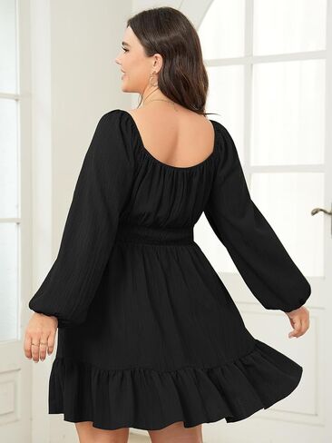 Womens Plus Size Dress Casual Long Lantern Sleeve Square Neck Textured Ruffle Flowy Ruched A-Line Mini Dresses for Women in Saudi Arabia