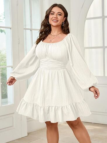 Womens Plus Size Dress Casual Long Lantern Sleeve Square Neck Textured Ruffle Flowy Ruched A-Line Mini Dresses for Women in Saudi Arabia