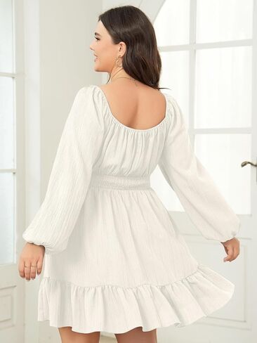 Womens Plus Size Dress Casual Long Lantern Sleeve Square Neck Textured Ruffle Flowy Ruched A-Line Mini Dresses for Women in Saudi Arabia