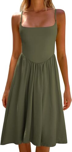 CHYRII Women Fashion Summer 2025 Spaghetti Straps Sleeveless Casual A-Line Midi Dresses Sundress in Kuwait