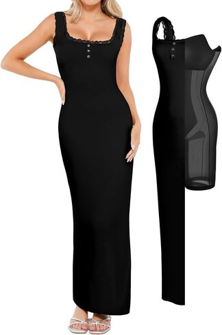 Popilush Shapewear Tank Dress Summer Maxi Dress Built-in Bra Square Neck Lace Trim Going Out Vacation Dresses for Women in Saudi Arabia