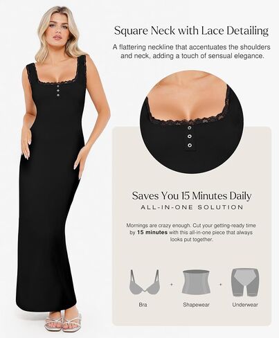 Popilush Shapewear Tank Dress Summer Maxi Dress Built-in Bra Square Neck Lace Trim Going Out Vacation Dresses for Women in Saudi Arabia