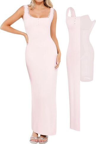 Popilush Shapewear Tank Dress Summer Maxi Dress Built-in Bra Square Neck Lace Trim Going Out Vacation Dresses for Women in Saudi Arabia