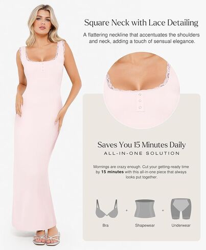 Popilush Shapewear Tank Dress Summer Maxi Dress Built-in Bra Square Neck Lace Trim Going Out Vacation Dresses for Women in Saudi Arabia