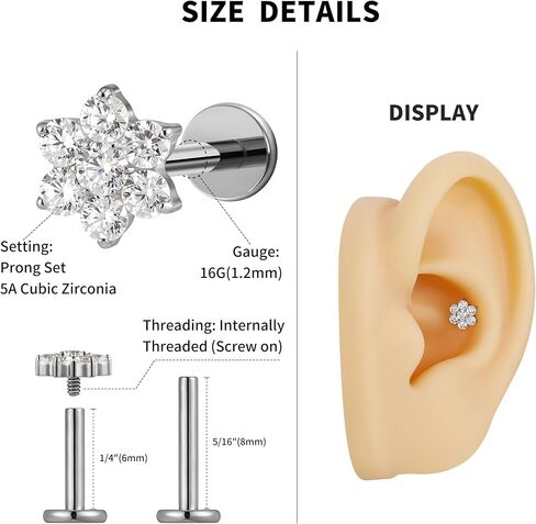 Fine4U ASTM F136 Titanium Flower Conch Helix Tragus مجوهرات ثقب مسطحة مع 16G 6MM 8MM in Kuwait
