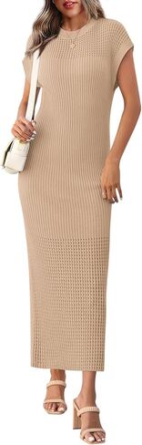 Yousify Womens Ribbed Knit Dress 2025 Trendy Casual Cap Sleeve Crewneck Maxi Dresses S-XXL in Saudi Arabia