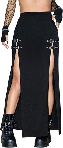 Women's Black Punk Skirts High Waist Buckle Slit Goth Club Rave Skirt in Saudi Arabia