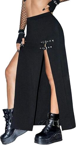 Women's Black Punk Skirts High Waist Buckle Slit Goth Club Rave Skirt in Saudi Arabia