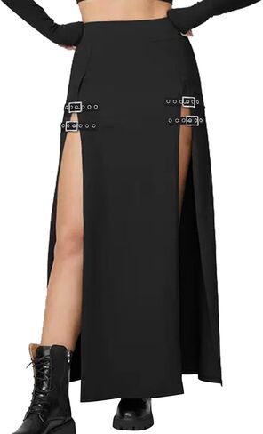 Women's Black Punk Skirts High Waist Buckle Slit Goth Club Rave Skirt in Saudi Arabia