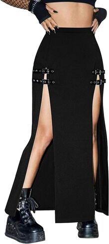 Women's Black Punk Skirts High Waist Buckle Slit Goth Club Rave Skirt in Saudi Arabia