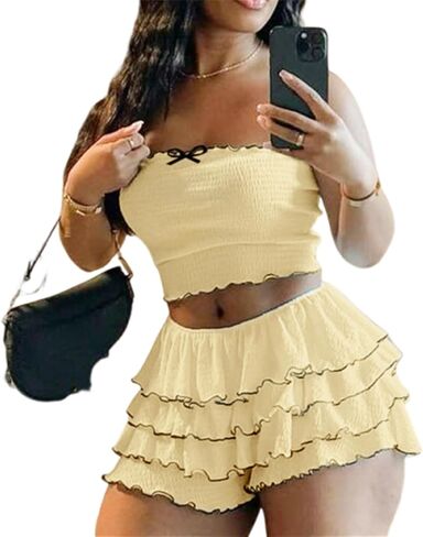 Women 2 Piece Skirt Sets Sexy Ruffle Ruched Tube Crop Tops Layer Pleated Flowy Mini Skort Skirts Y2K Clothes in Saudi Arabia