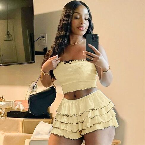 Women 2 Piece Skirt Sets Sexy Ruffle Ruched Tube Crop Tops Layer Pleated Flowy Mini Skort Skirts Y2K Clothes in Saudi Arabia
