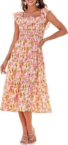 GRACE KARIN Women's Off Shoulder Floral Summer Ruffle Midi Sleeveless Boho Smocked Flowy Aline Dresses in Saudi Arabia