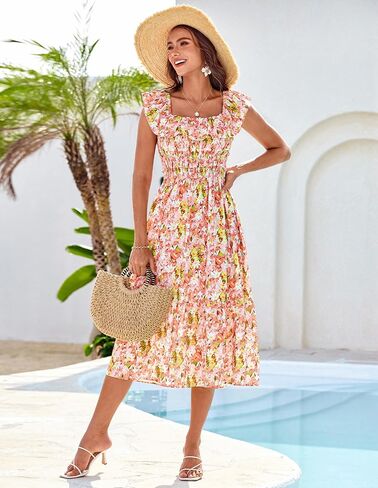 GRACE KARIN Women's Off Shoulder Floral Summer Ruffle Midi Sleeveless Boho Smocked Flowy Aline Dresses in Saudi Arabia