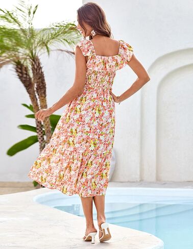 GRACE KARIN Women's Off Shoulder Floral Summer Ruffle Midi Sleeveless Boho Smocked Flowy Aline Dresses in Saudi Arabia