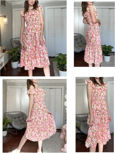 GRACE KARIN Women's Off Shoulder Floral Summer Ruffle Midi Sleeveless Boho Smocked Flowy Aline Dresses in Saudi Arabia