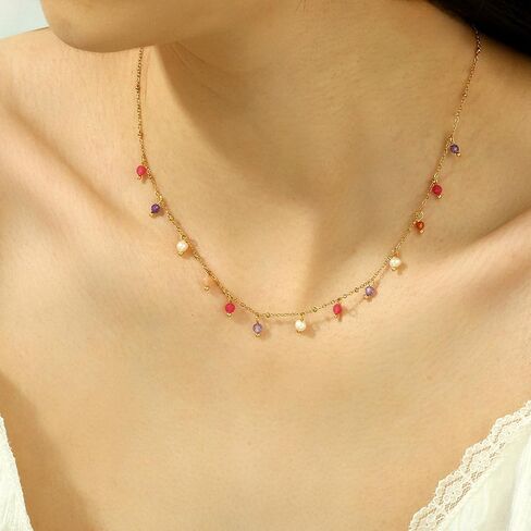 Natural Stone Necklaces for Women 14K Gold Plated waterproof Dainty Colorful Beaded Charm Choker Delicate Cute Summer Boho Beach Necklaces Jewelry Gift Sister, best friend, Birthday in Kuwait