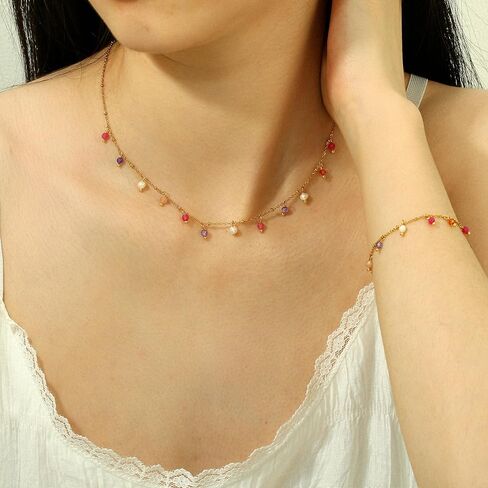 Natural Stone Necklaces for Women 14K Gold Plated waterproof Dainty Colorful Beaded Charm Choker Delicate Cute Summer Boho Beach Necklaces Jewelry Gift Sister, best friend, Birthday in Kuwait