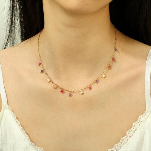 Natural Stone Necklaces for Women 14K Gold Plated waterproof Dainty Colorful Beaded Charm Choker Delicate Cute Summer Boho Beach Necklaces Jewelry Gift Sister, best friend, Birthday in Kuwait