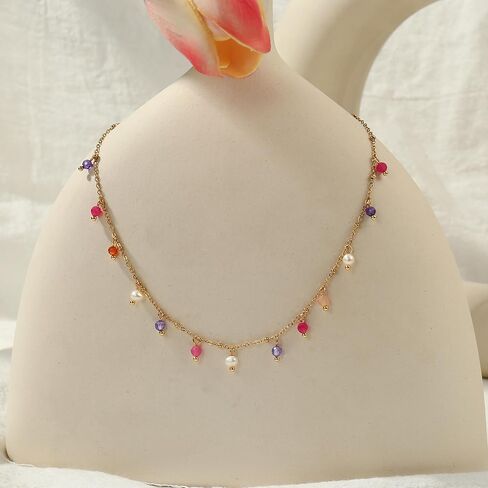 Natural Stone Necklaces for Women 14K Gold Plated waterproof Dainty Colorful Beaded Charm Choker Delicate Cute Summer Boho Beach Necklaces Jewelry Gift Sister, best friend, Birthday in Kuwait