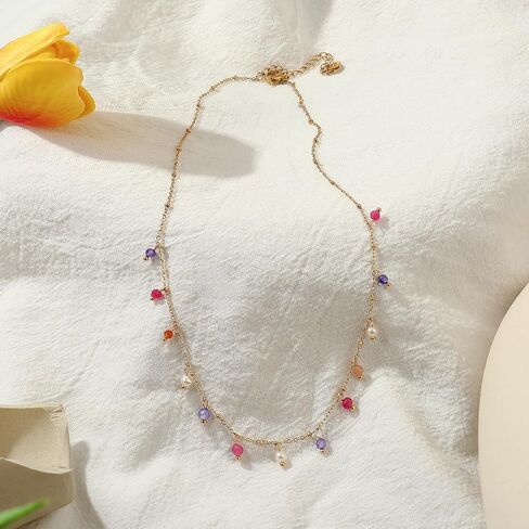 Natural Stone Necklaces for Women 14K Gold Plated waterproof Dainty Colorful Beaded Charm Choker Delicate Cute Summer Boho Beach Necklaces Jewelry Gift Sister, best friend, Birthday in Kuwait