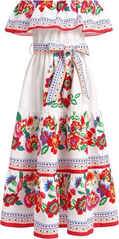 FYMNSI Girls Mexican Dress Spring Summer Off-Shoulder Ruffle Traditional Folk Maxi Dress Belted Cinco De Mayo Fiesta Sundress in Saudi Arabia