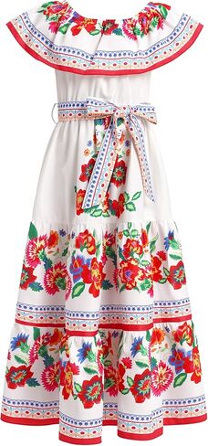 FYMNSI Girls Mexican Dress Spring Summer Off-Shoulder Ruffle Traditional Folk Maxi Dress Belted Cinco De Mayo Fiesta Sundress in Saudi Arabia