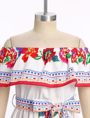 FYMNSI Girls Mexican Dress Spring Summer Off-Shoulder Ruffle Traditional Folk Maxi Dress Belted Cinco De Mayo Fiesta Sundress in Saudi Arabia