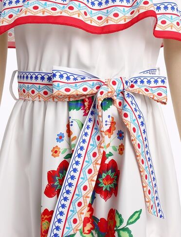FYMNSI Girls Mexican Dress Spring Summer Off-Shoulder Ruffle Traditional Folk Maxi Dress Belted Cinco De Mayo Fiesta Sundress in Saudi Arabia