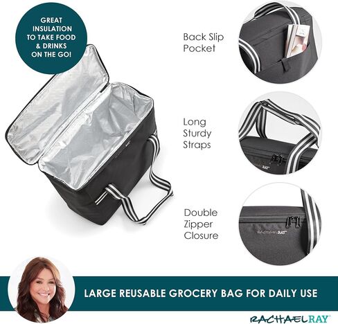 Rachael Ray Field Tote - Soft Sided Zippered Cooler Bag, Insulated & Leak Proof Grocery Bag, Portable Travel Cooler, Hot or Cold Carrier, Black in Saudi Arabia
