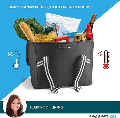 Rachael Ray Field Tote - Soft Sided Zippered Cooler Bag, Insulated & Leak Proof Grocery Bag, Portable Travel Cooler, Hot or Cold Carrier, Black in Saudi Arabia
