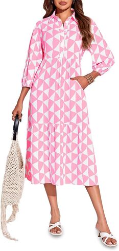Wenrine Womens Boho Midi Dress Long Sleeve Casual Color Block Beach Button Down Shirt Dress in Saudi Arabia