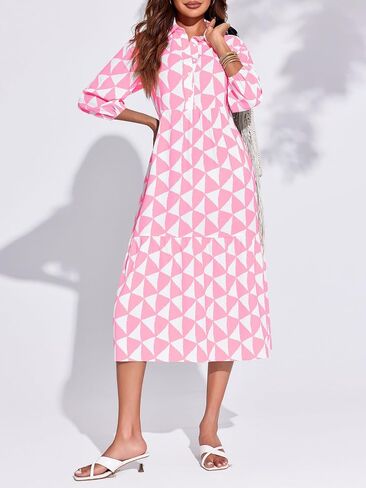 Wenrine Womens Boho Midi Dress Long Sleeve Casual Color Block Beach Button Down Shirt Dress in Saudi Arabia