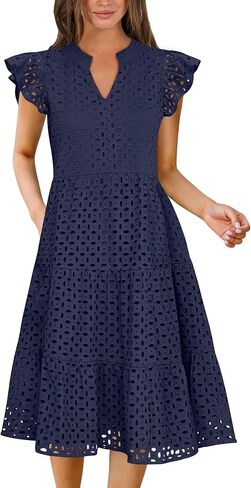 ANRABESS Womens 2025 Summer Midi Dress Hollow Out Eyelet Ruffle Sleeve V Neck Casual Flowy Tiered Beach Vacation Sundress in Saudi Arabia