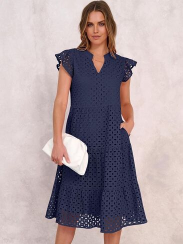 ANRABESS Womens 2025 Summer Midi Dress Hollow Out Eyelet Ruffle Sleeve V Neck Casual Flowy Tiered Beach Vacation Sundress in Saudi Arabia