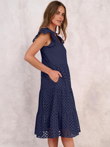 ANRABESS Womens 2025 Summer Midi Dress Hollow Out Eyelet Ruffle Sleeve V Neck Casual Flowy Tiered Beach Vacation Sundress in Saudi Arabia