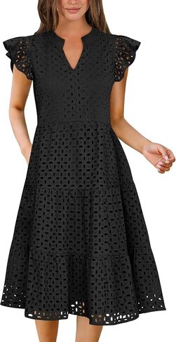 ANRABESS Womens 2025 Summer Midi Dress Hollow Out Eyelet Ruffle Sleeve V Neck Casual Flowy Tiered Beach Vacation Sundress in Saudi Arabia