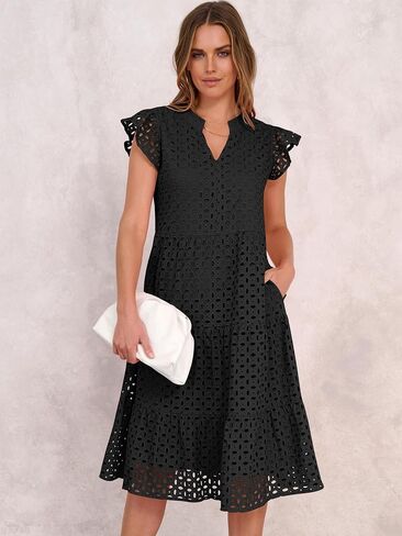 ANRABESS Womens 2025 Summer Midi Dress Hollow Out Eyelet Ruffle Sleeve V Neck Casual Flowy Tiered Beach Vacation Sundress in Saudi Arabia
