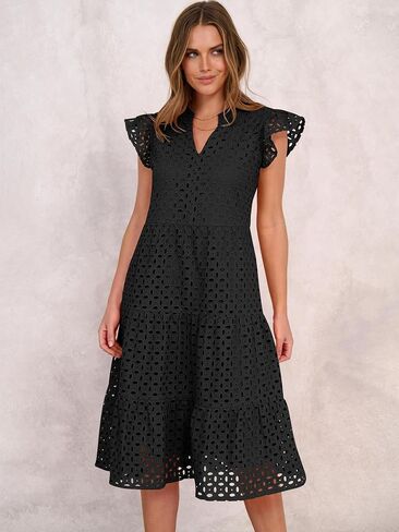 ANRABESS Womens 2025 Summer Midi Dress Hollow Out Eyelet Ruffle Sleeve V Neck Casual Flowy Tiered Beach Vacation Sundress in Saudi Arabia