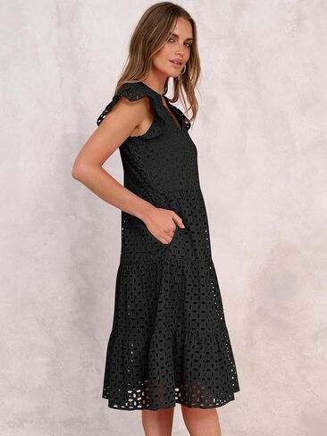 ANRABESS Womens 2025 Summer Midi Dress Hollow Out Eyelet Ruffle Sleeve V Neck Casual Flowy Tiered Beach Vacation Sundress in Saudi Arabia