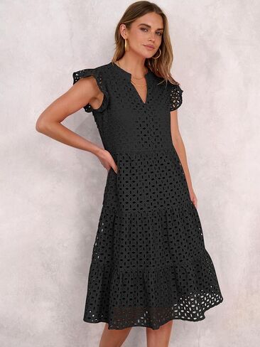 ANRABESS Womens 2025 Summer Midi Dress Hollow Out Eyelet Ruffle Sleeve V Neck Casual Flowy Tiered Beach Vacation Sundress in Saudi Arabia