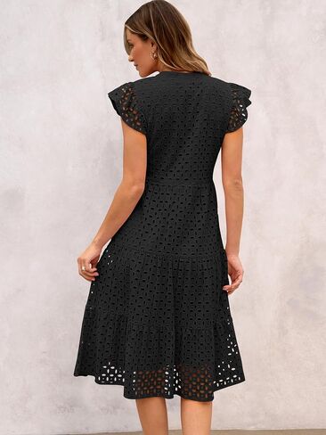 ANRABESS Womens 2025 Summer Midi Dress Hollow Out Eyelet Ruffle Sleeve V Neck Casual Flowy Tiered Beach Vacation Sundress in Saudi Arabia