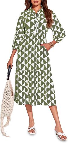 Wenrine Womens Boho Midi Dress Long Sleeve Casual Color Block Beach Button Down Shirt Dress in Saudi Arabia