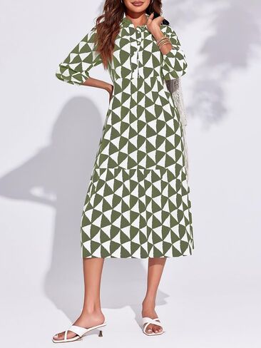 Wenrine Womens Boho Midi Dress Long Sleeve Casual Color Block Beach Button Down Shirt Dress in Saudi Arabia