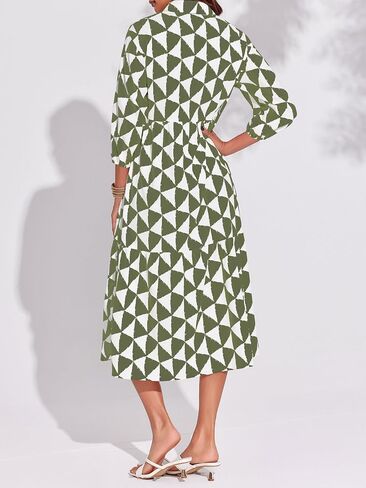 Wenrine Womens Boho Midi Dress Long Sleeve Casual Color Block Beach Button Down Shirt Dress in Saudi Arabia
