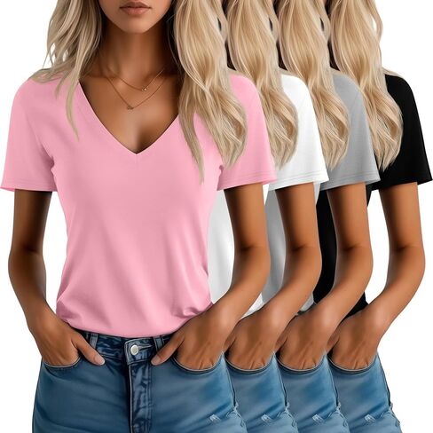 Neer 4 Pack Women's V Neck T-Shirts Summer Short Sleeve Casual Tops Loose Fit Flat Hem Basic Tees in Saudi Arabia