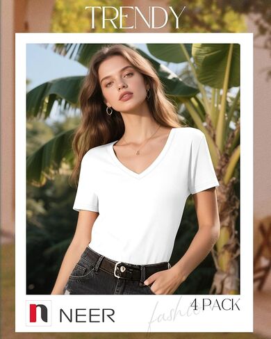 Neer 4 Pack Women's V Neck T-Shirts Summer Short Sleeve Casual Tops Loose Fit Flat Hem Basic Tees in Saudi Arabia