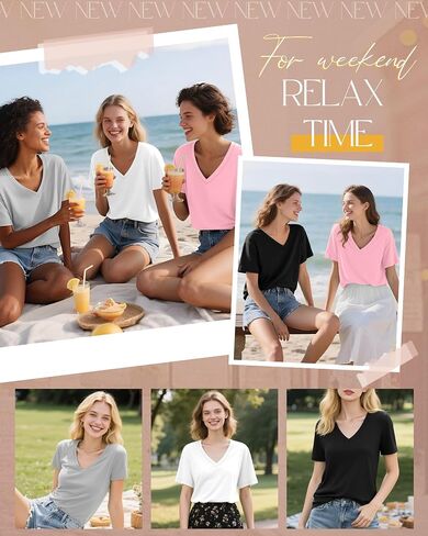 Neer 4 Pack Women's V Neck T-Shirts Summer Short Sleeve Casual Tops Loose Fit Flat Hem Basic Tees in Saudi Arabia