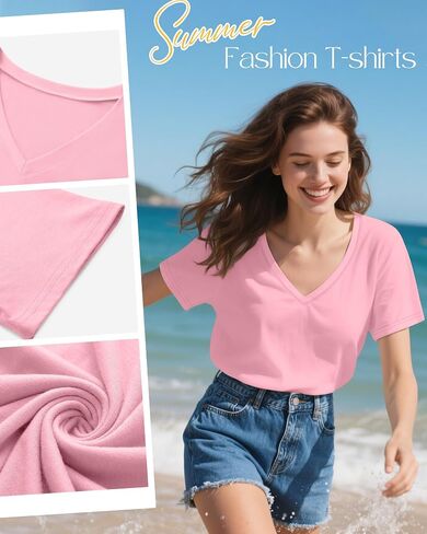 Neer 4 Pack Women's V Neck T-Shirts Summer Short Sleeve Casual Tops Loose Fit Flat Hem Basic Tees in Saudi Arabia