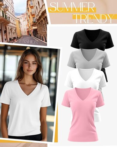 Neer 4 Pack Women's V Neck T-Shirts Summer Short Sleeve Casual Tops Loose Fit Flat Hem Basic Tees in Saudi Arabia